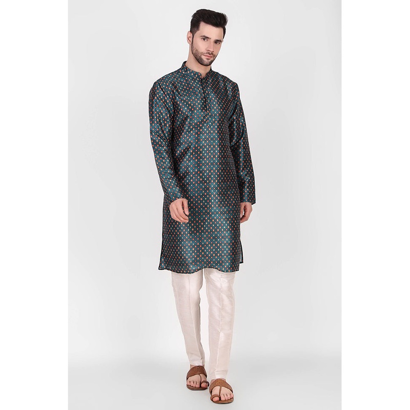 2 Pc Teal Dupion Silk Kurta Pajama Set - JD986584873
