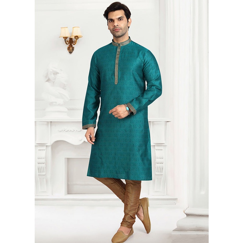 2 Pc Teal Dupion Silk Kurta Pajama Set - JD986584911