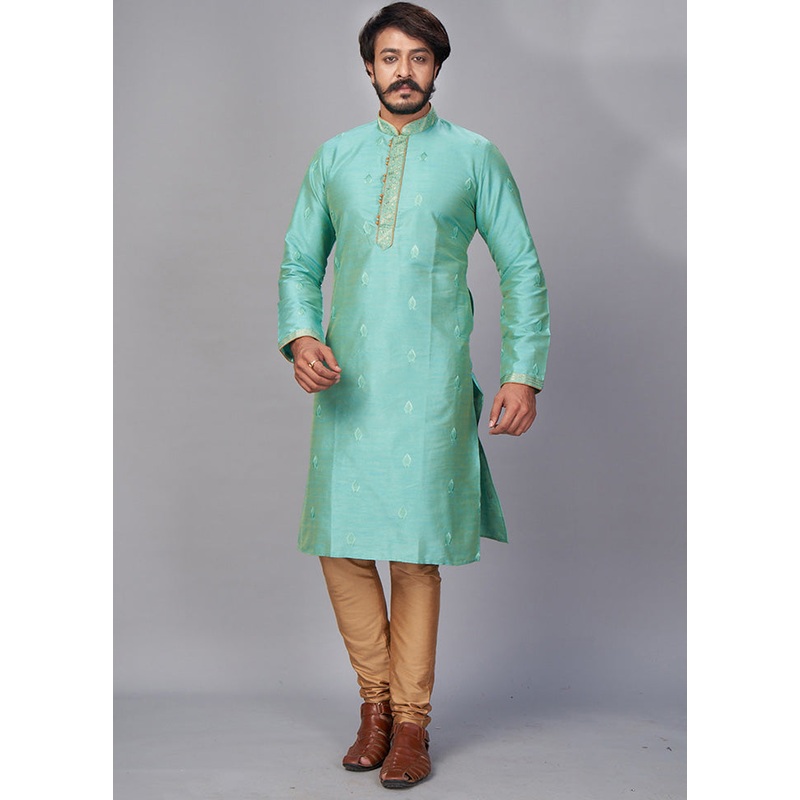 2 Pc Teal Green Dupion Silk Kurta Pajama Set - JD986584862