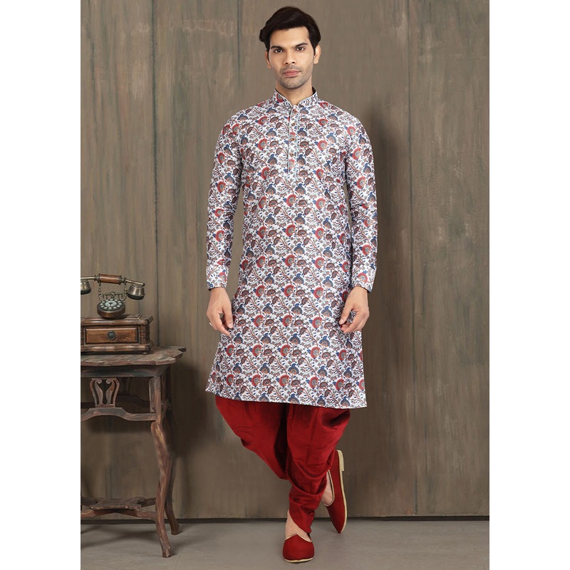 2 Pc White Dupion Silk Kurta Dhoti Set - JD986584896