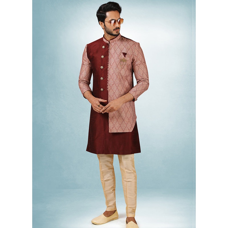 2 Pc Wine Dupion Silk Kurta Pajama Set - JD986584894