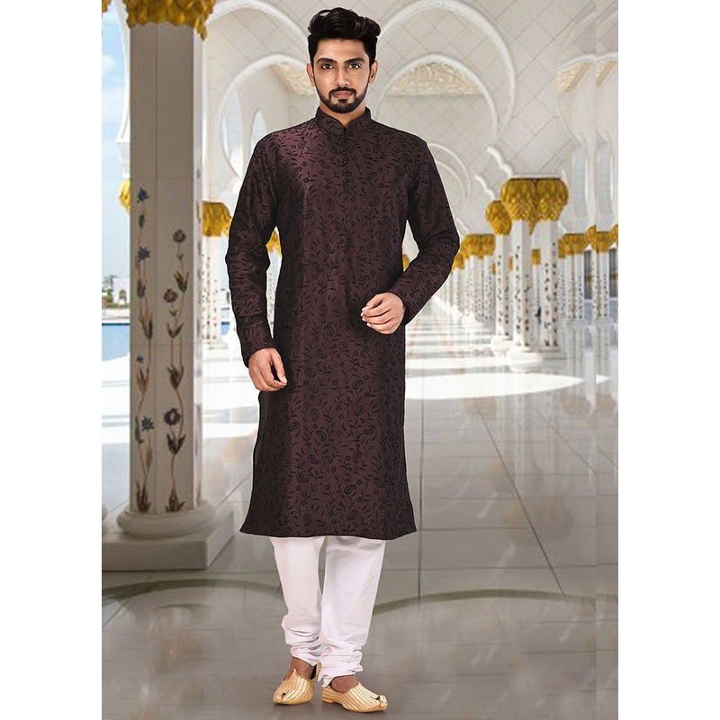 2 Pc Wine Silk Kurta And Pajama Set - JD986584912