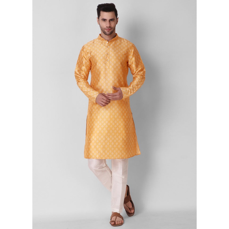2 Pc Yellow Dupion Silk Kurta Pajama Set - JD986584835