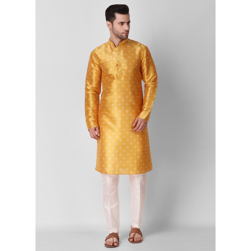 2 Pc Yellow Dupion Silk Kurta Pajama Set - JD986584841