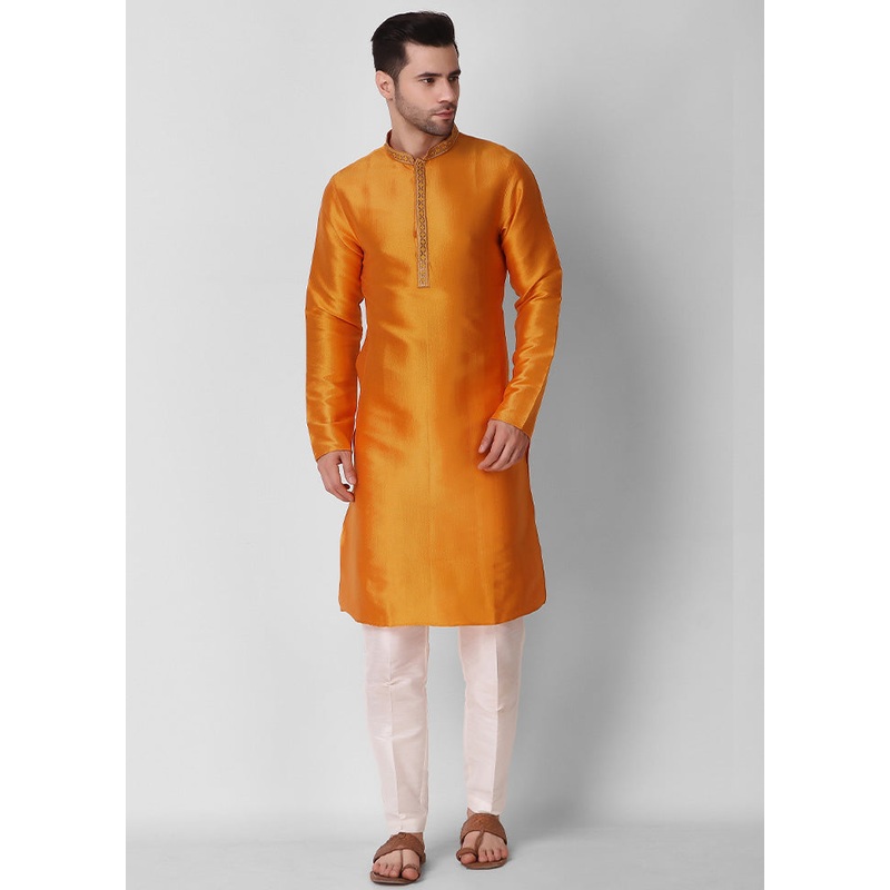 2 Pc Yellow Dupion Silk Kurta Pajama Set - JD986584845