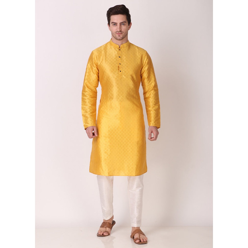 2 Pc Yellow Dupion Silk Kurta Pajama Set - JD986584846