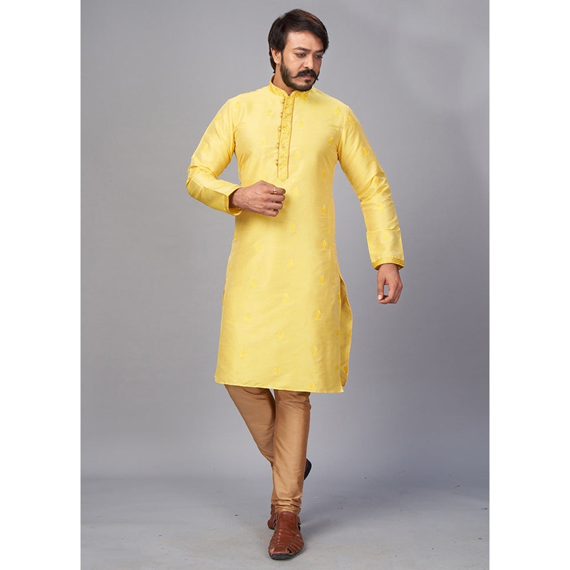 2 Pc Yellow Dupion Silk Kurta Pajama Set - JD986584864