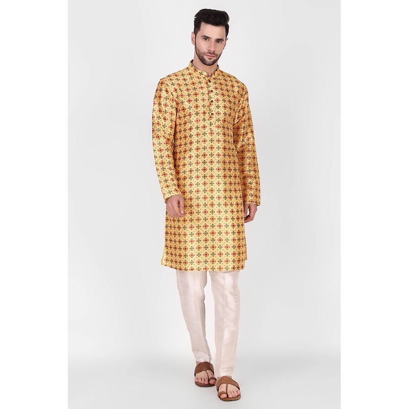 2 Pc Yellow Dupion Silk Kurta Pajama Set - JD986584872