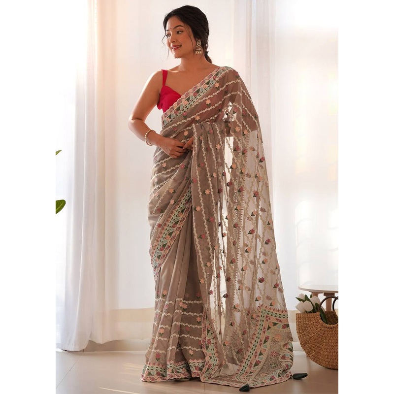 Beige Organza Saree With Blouse Piece - JD986584996