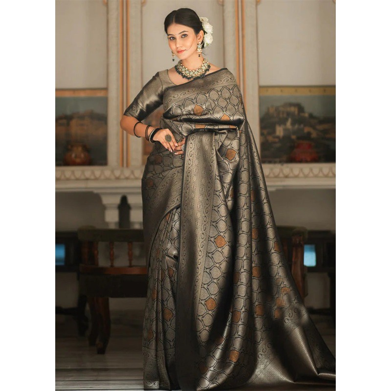 Black Banarasi Silk Saree With Blouse Piece - JD986584994