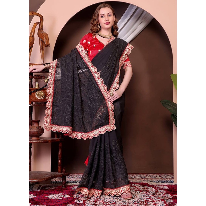 Black Georgette Saree With Blouse Piece - JD986584992