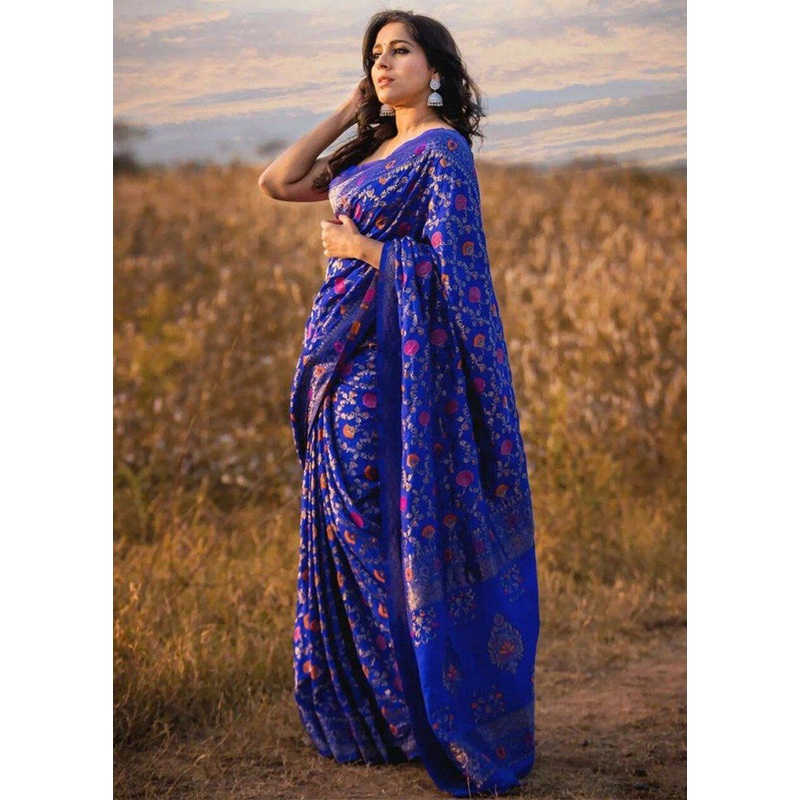 Blue Banarasi Silk Saree With Blouse Piece - JD986584991