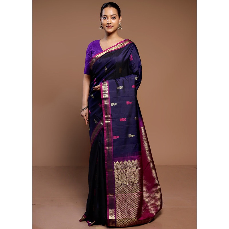 Blue Handloom Kanchipuram Pure Silk Saree With Blouse Piece - JD986585015