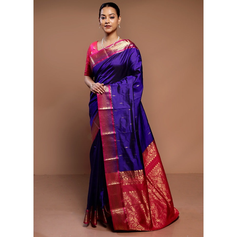 Blue Handloom Kanjivaram Pure Silk Saree With Blouse Piece - JD986585014
