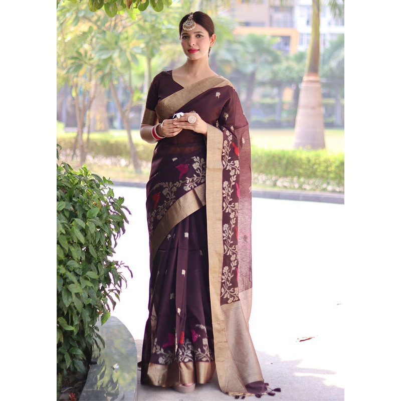 Coffee Linen Silk Saree With Blouse Piece - JD986584997