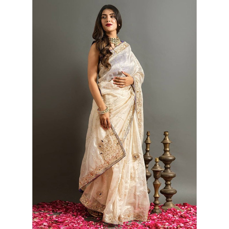 Cream Spun Silk Saree With Blouse Piece - JD986584989