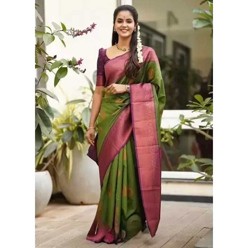 Green Banarasi Silk Saree With Blouse Piece - JD986584985