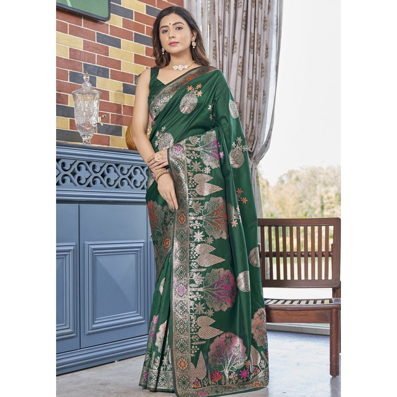 Green Banarasi Silk Saree With Blouse Piece - JD986584986