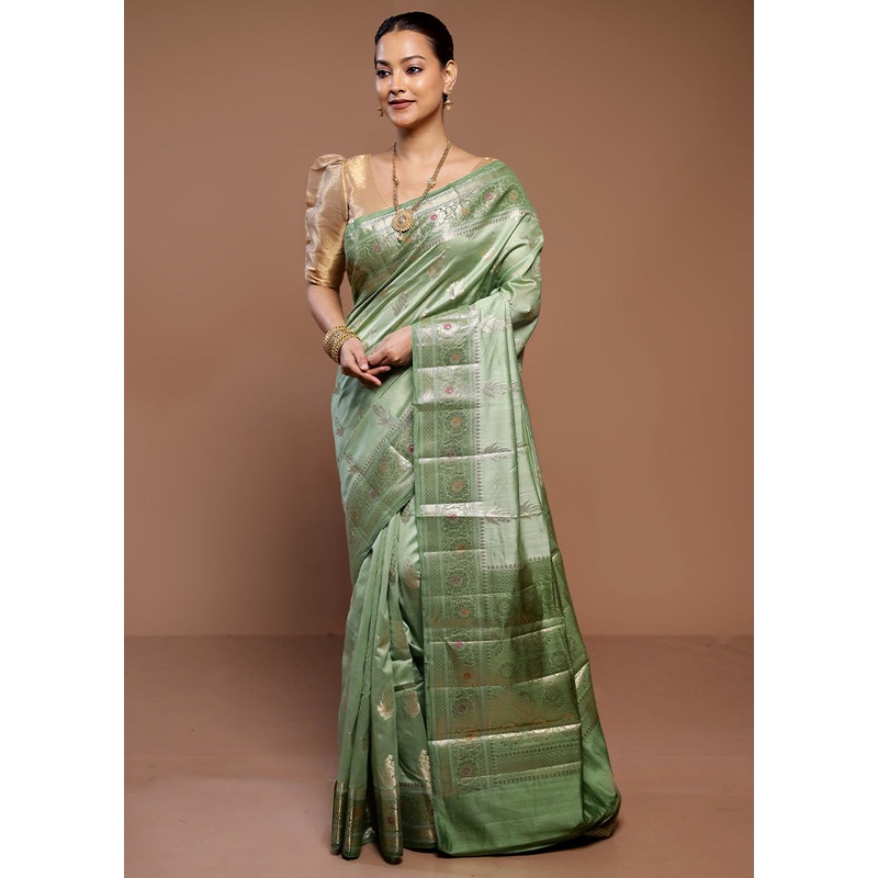 Green Dupion Silk Saree With Blouse Piece - JD986585013