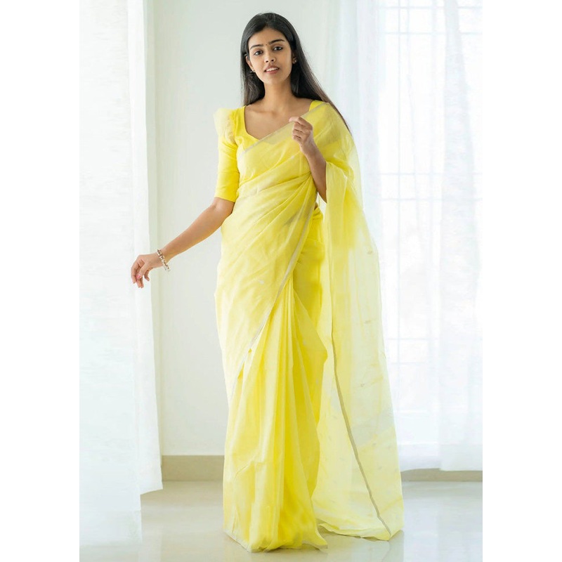 Light Yellow Linen Silk Saree With Blouse Piece - JD986584973