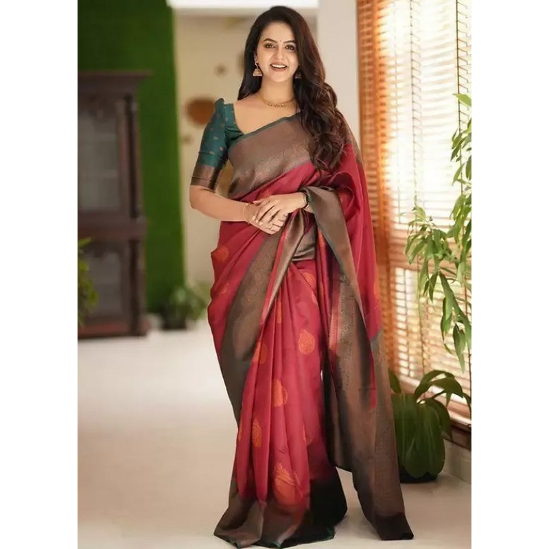 Maroon Banarasi Silk Saree With Blouse Piece - JD986584969