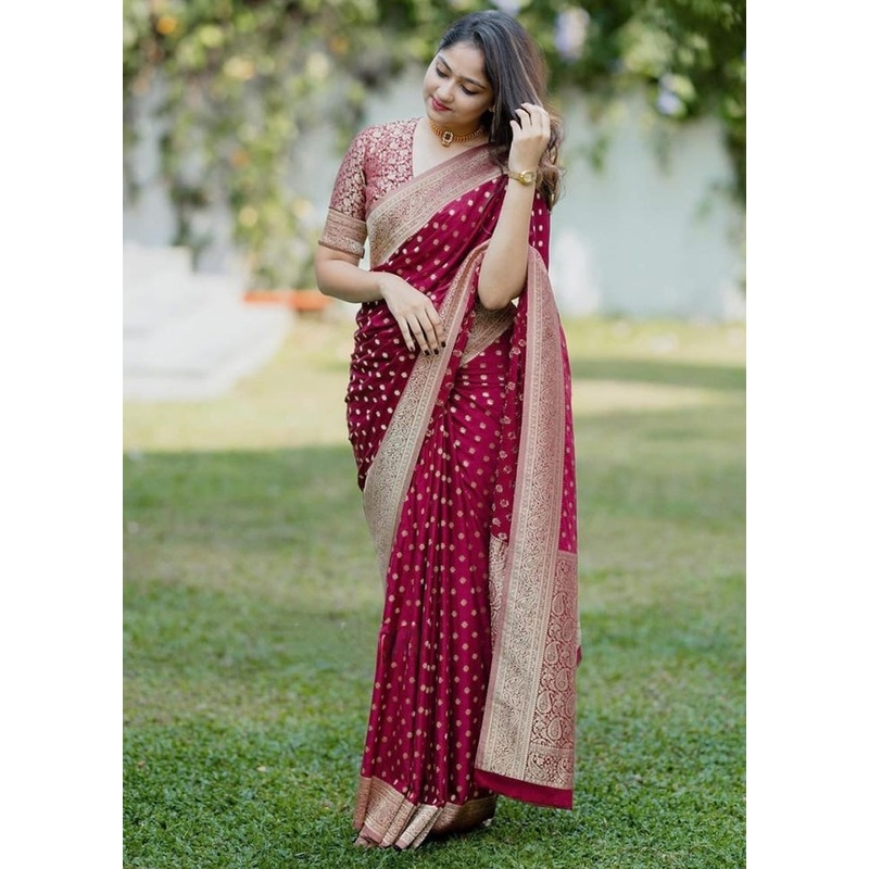 Maroon Banarasi Silk Saree With Blouse Piece - JD986584970