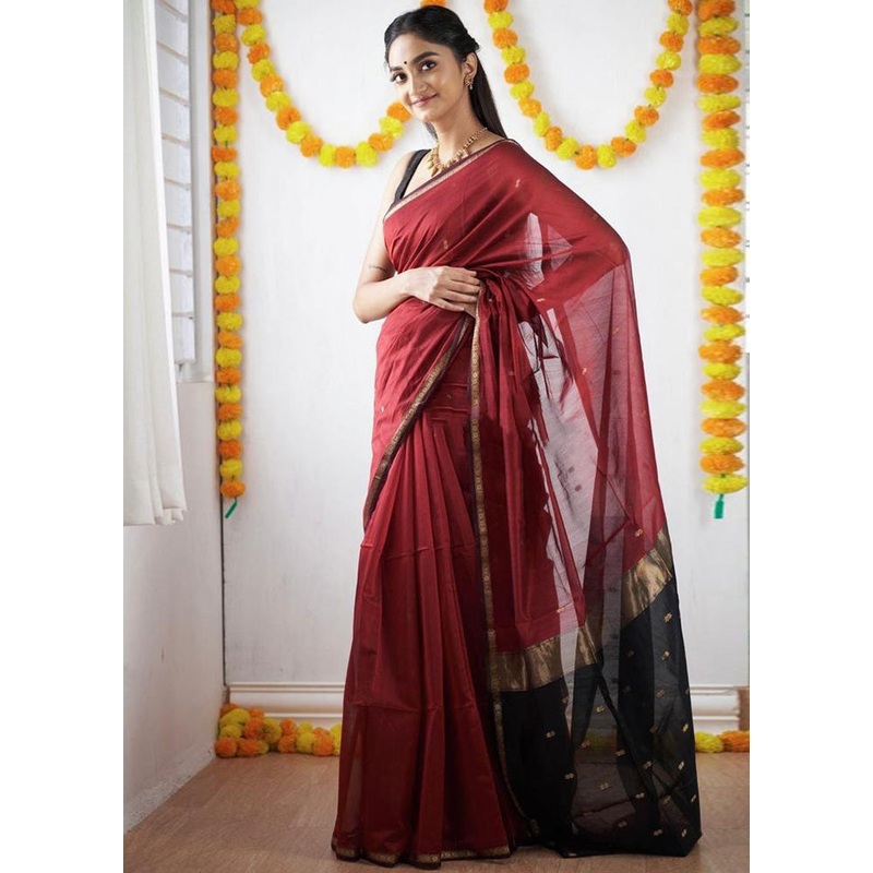 Maroon Banarasi Silk Saree With Blouse Piece - JD986584971