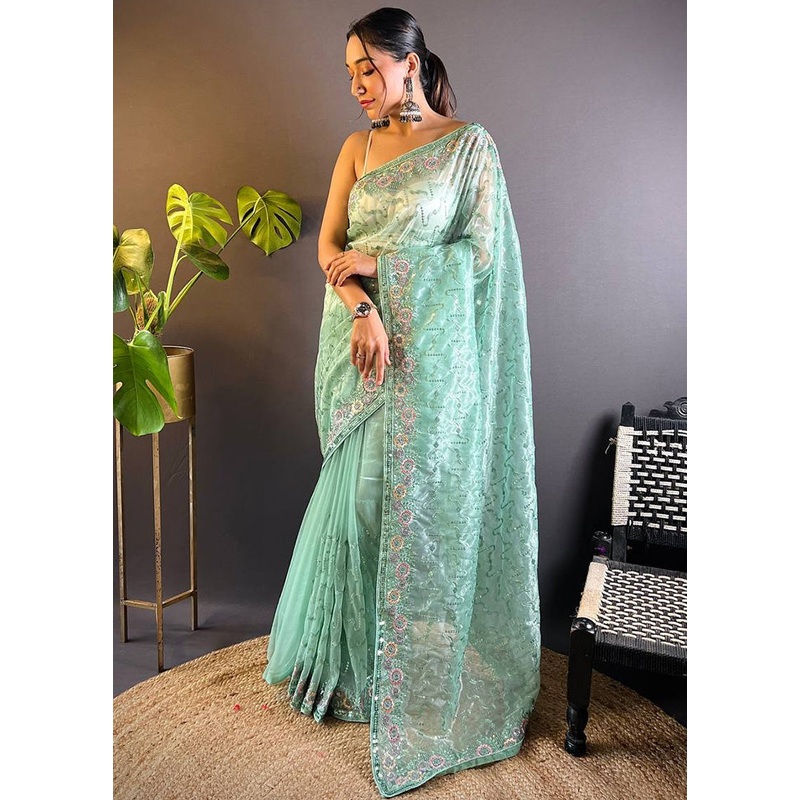 Mint Green Net Saree With Blouse Piece - JD986584967