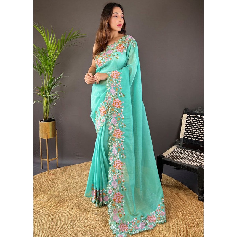 Mint Green Spun Silk Saree With Blouse Piece - JD986584966