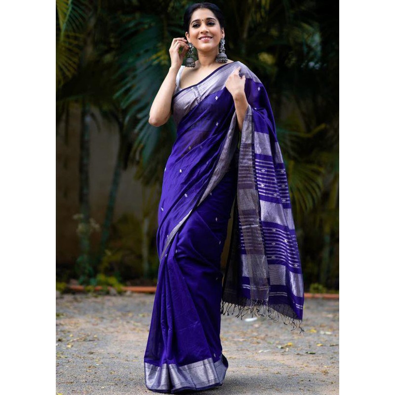 Navy Blue Banarasi Silk Saree With Blouse Piece - JD986584957