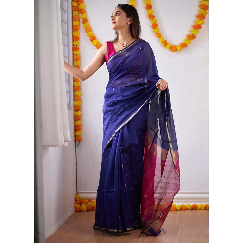 Navy Blue Banarasi Silk Saree With Blouse Piece - JD986584958
