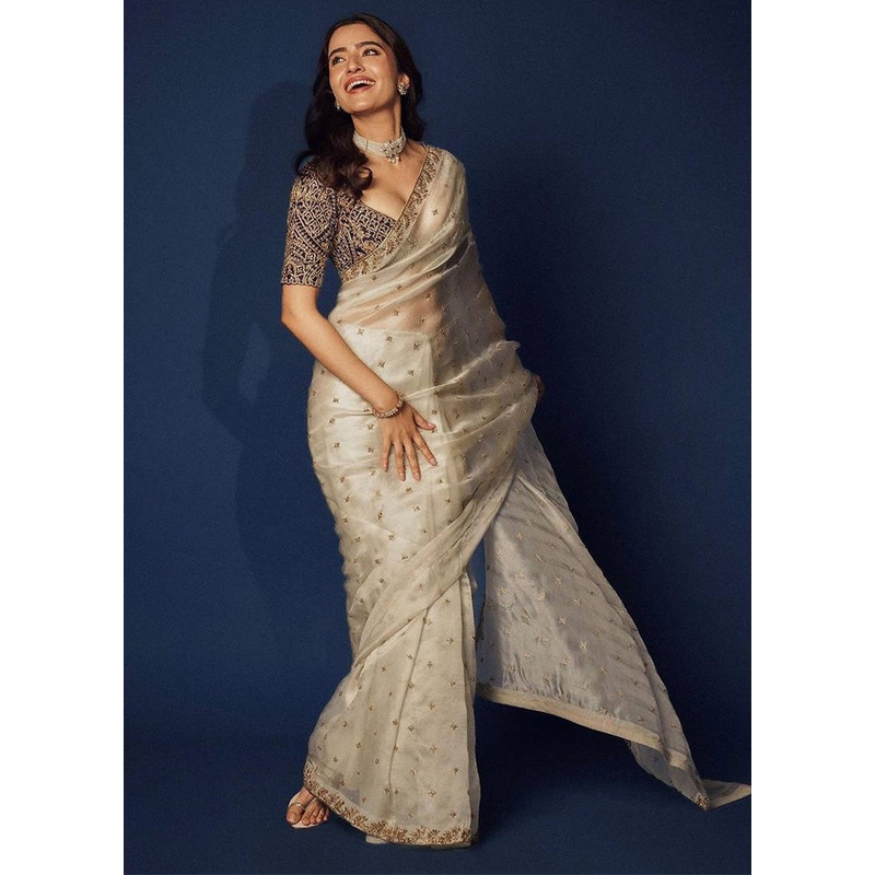 Off White Organza Saree With Blouse Piece - JD986584956