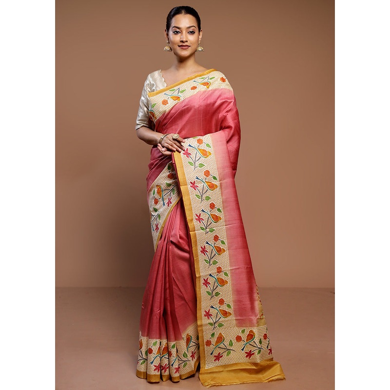Peach Handloom Tussar Pure Silk Saree With Blouse Piece - JD986585008