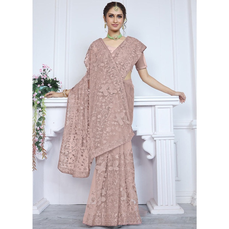 Peach Net Saree With Blouse Piece - JD986584954