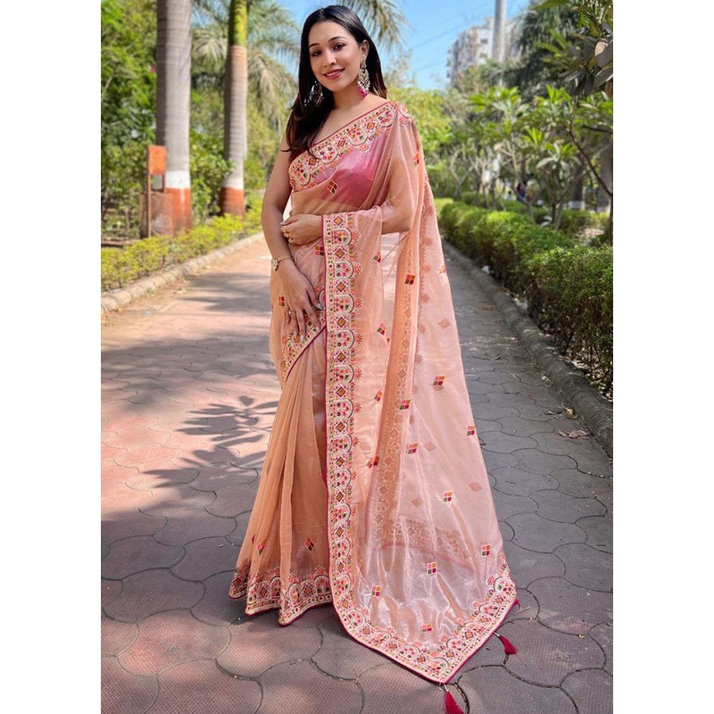 Peach Net Saree With Blouse Piece - JD986584955