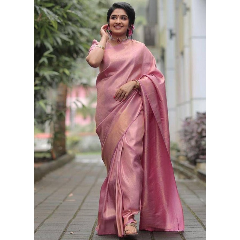 Pink Banarasi Silk Saree With Blouse Piece - JD986584953