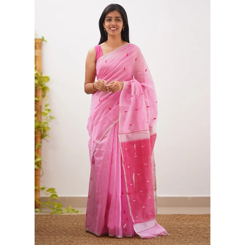 Pink Linen Silk Saree With Blouse Piece - JD986584950