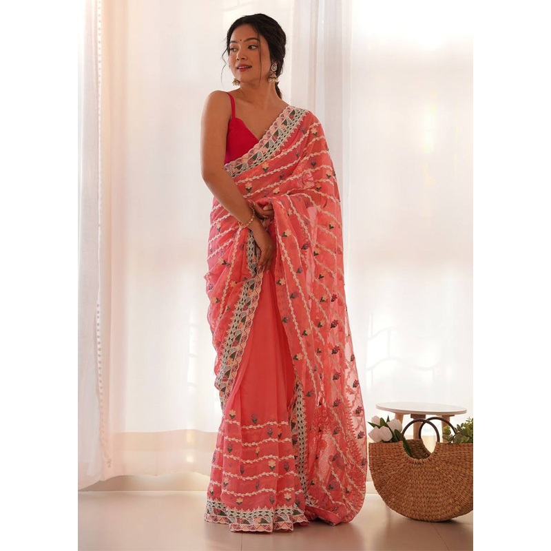 Pink Organza Saree With Blouse Piece - JD986584948