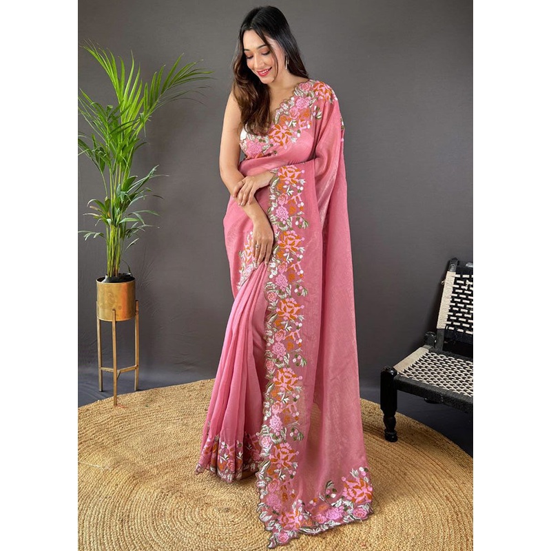 Pink Spun Silk Saree With Blouse Piece - JD986584947