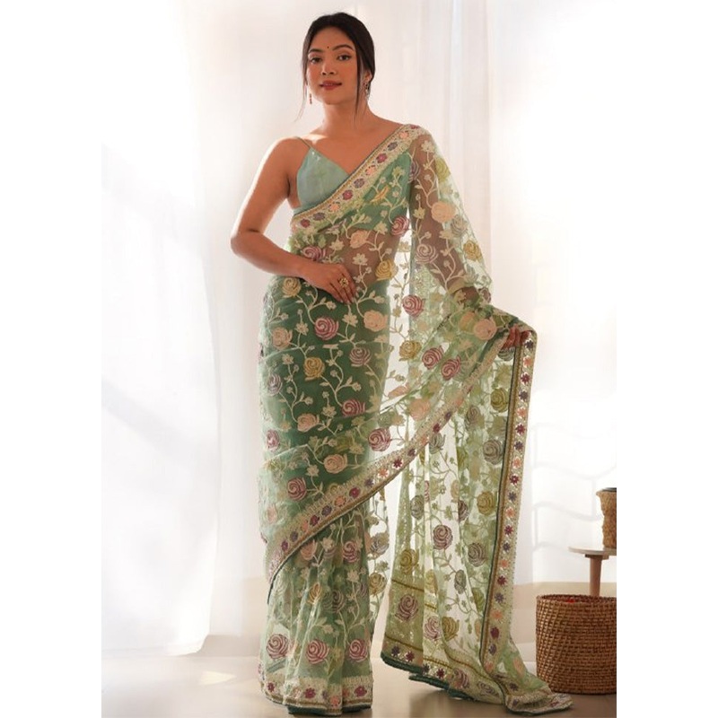 Pista Green Net Saree With Blouse Piece - JD986584943