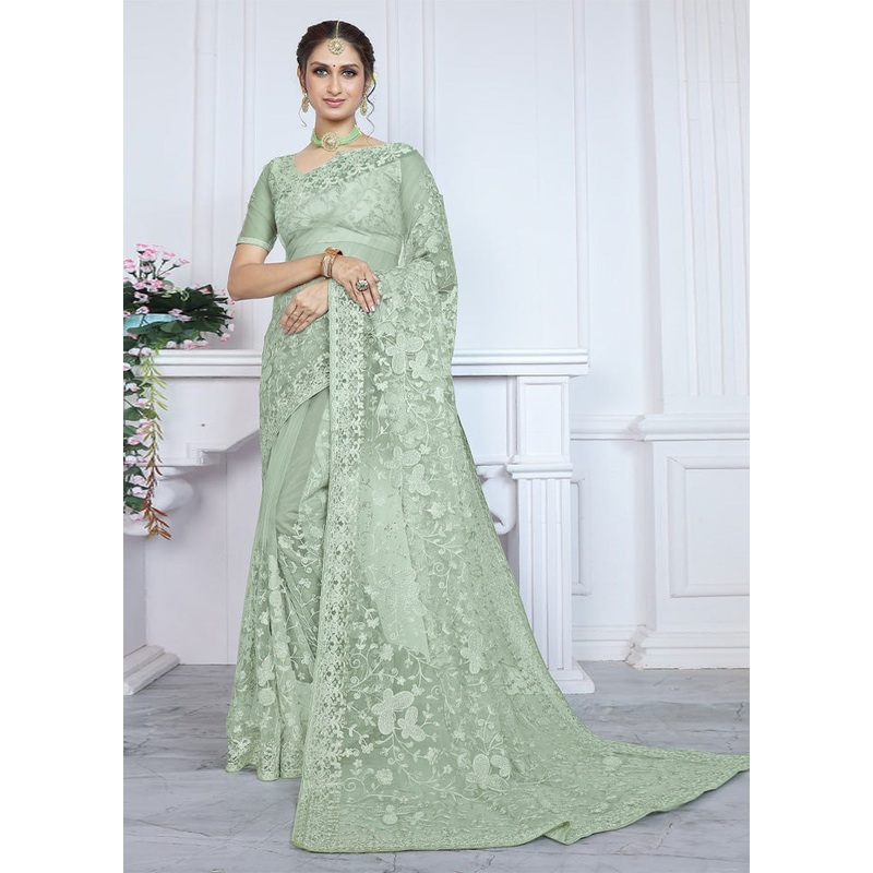 Pista Green Net Saree With Blouse Piece - JD986584944