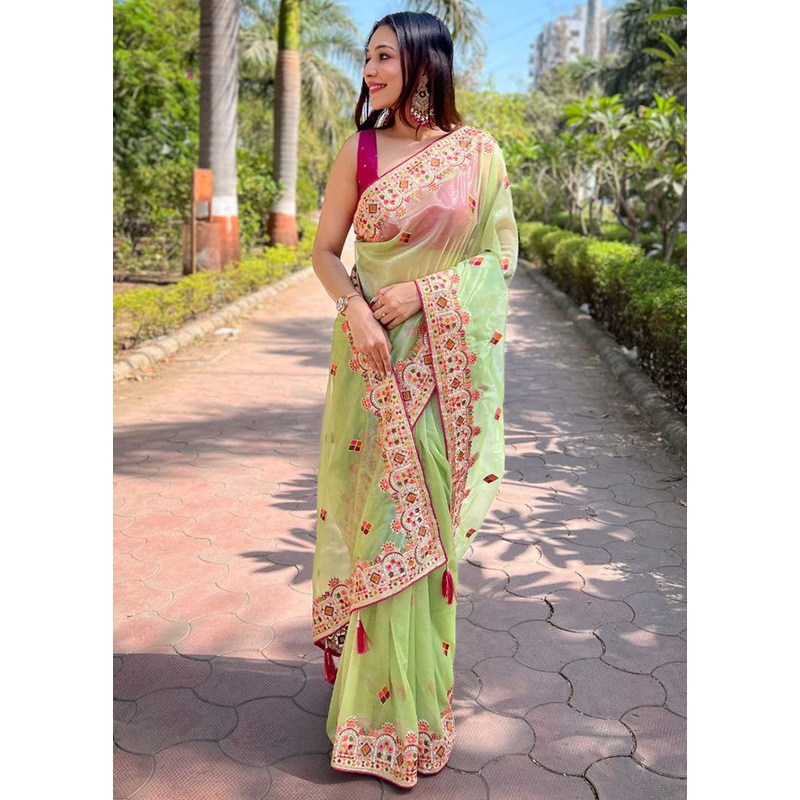 Pista Green Net Saree With Blouse Piece - JD986584945