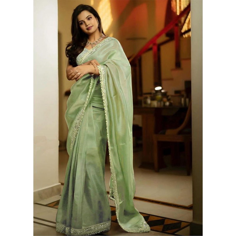Pista Green Spun Silk Saree With Blouse Piece - JD986584941