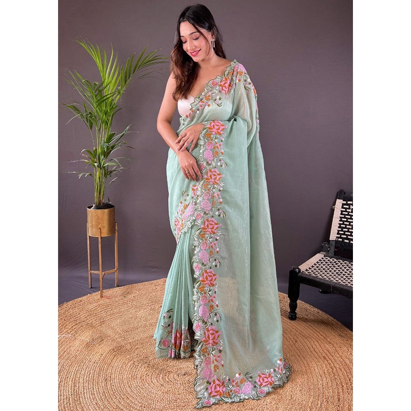 Pista Green Spun Silk Saree With Blouse Piece - JD986584942