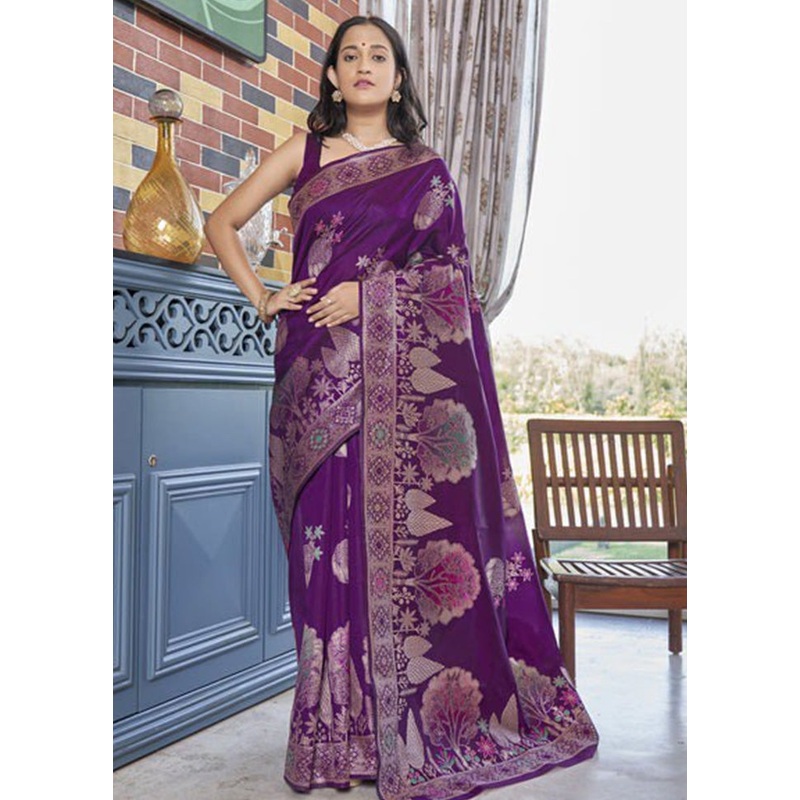 Purple Banarasi Silk Saree With Blouse Piece - JD986584940