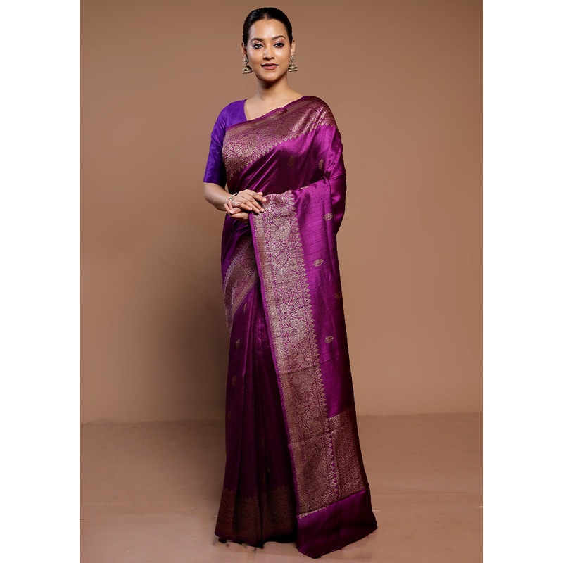 Purple Handloom Tussar Pure Silk Saree With Blouse Piece - JD986585004