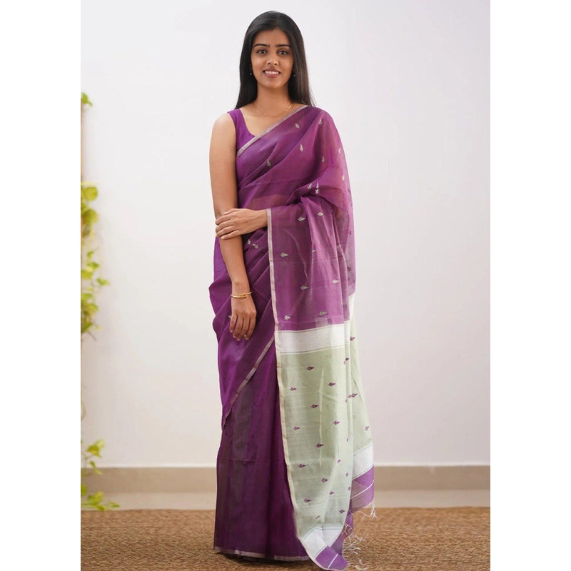 Purple Linen Silk Saree With Blouse Piece - JD986584938