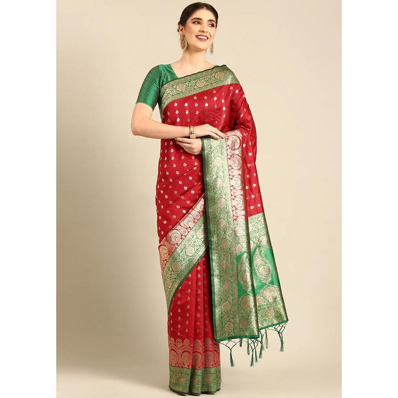 Red Banarasi Silk Saree With Blouse Piece - JD986584931