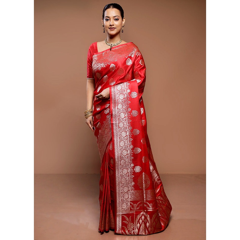 Red Banarasi Silk Saree With Blouse Piece - JD986585003