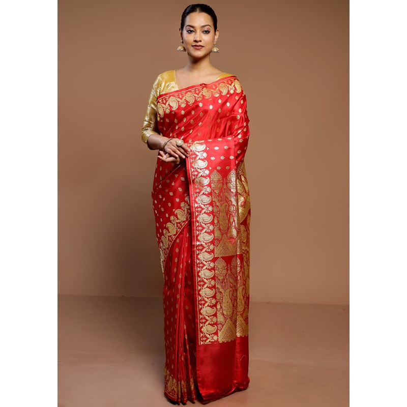 Red Handloom Banarasi Pure Silk Saree With Blouse Piece - JD986585002